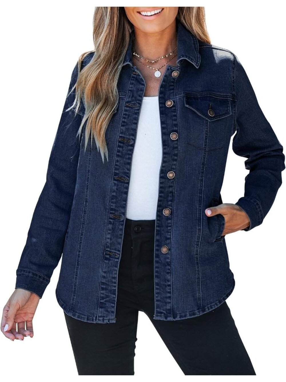 Women's Dark Blue Long Sleeve button down Pockets Denim Jacket Casual